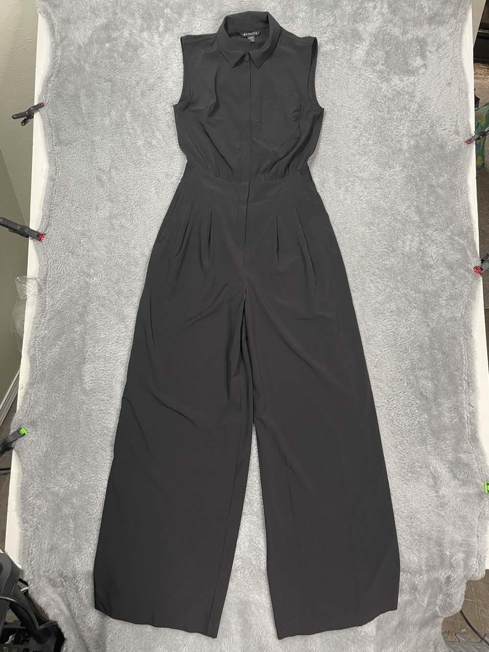 Athleta Jumpsuit Womens 4 Tall Black Sleeveless Collared Zip Front Wide Leg